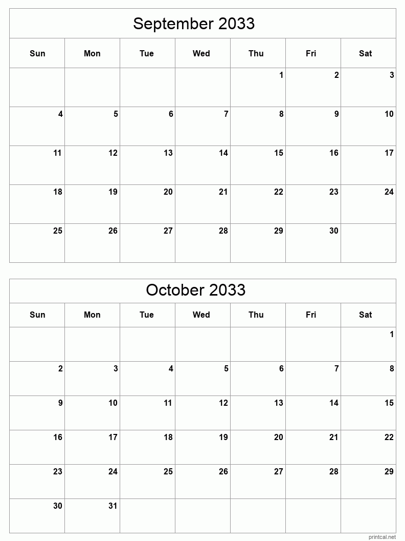 2 month calendar September to October 2033