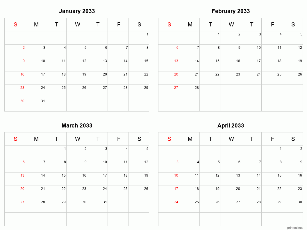 4 month calendar January to April 2033
