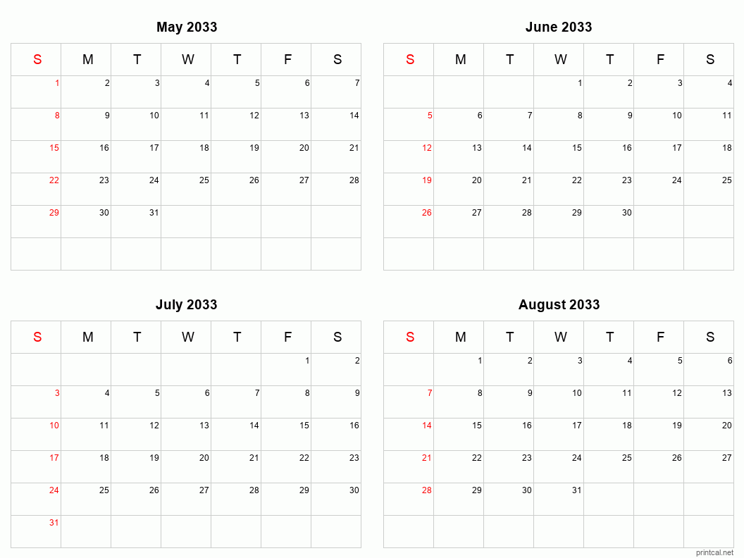 4 month calendar May to August 2033