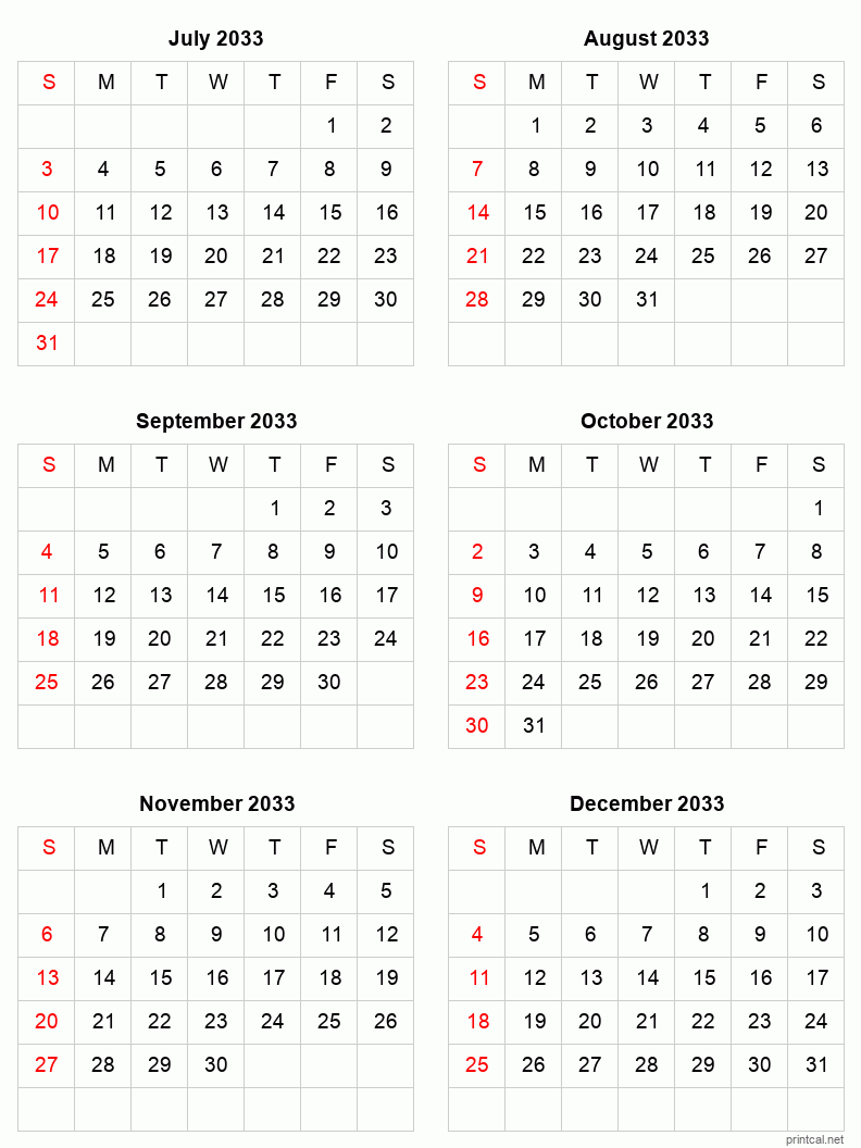 6 month calendar July to December 2033