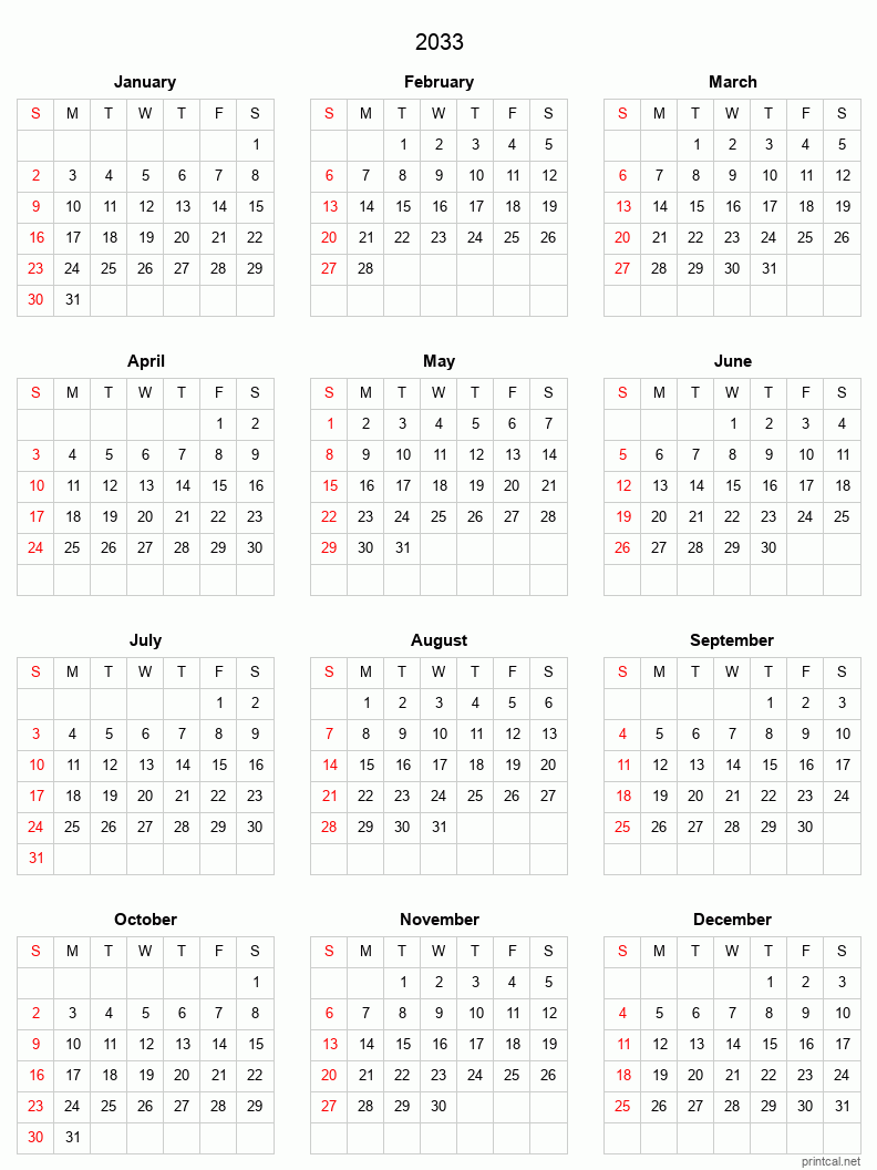 2033 Printable Calendar Full Year Calendar Grid Style
