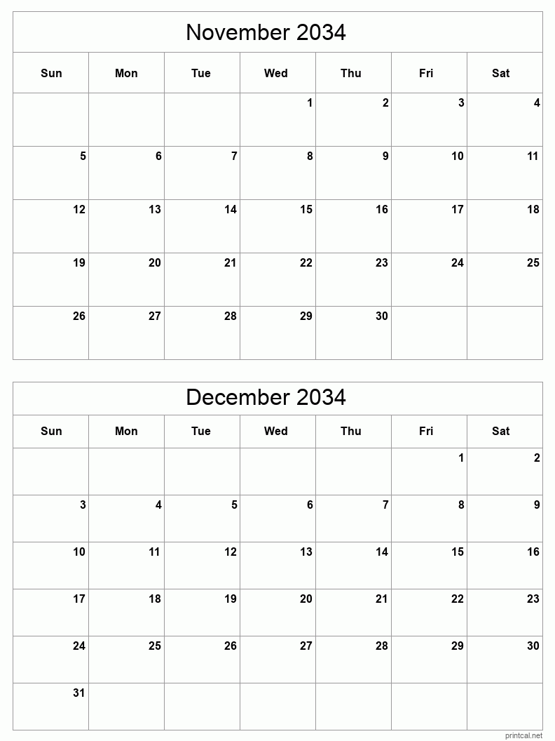 2 month calendar November to December 2034