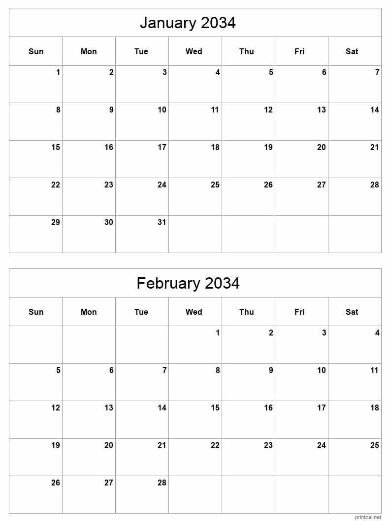 2 month calendar January to February 2034