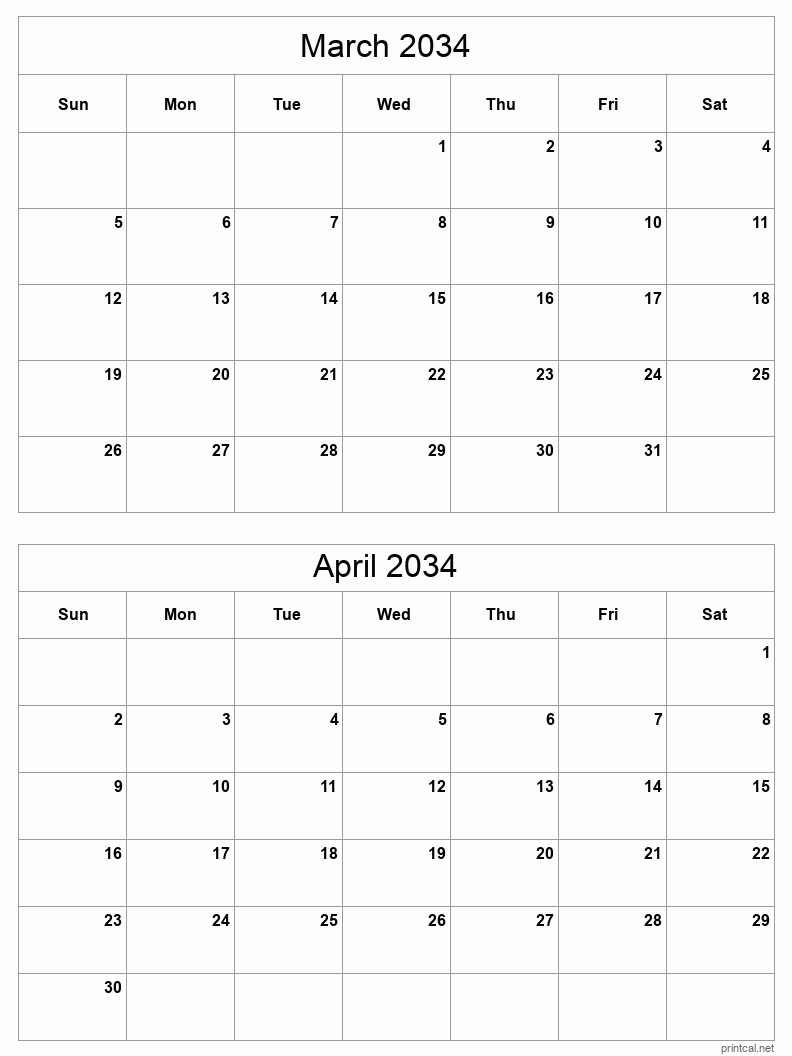 2 month calendar March to April 2034