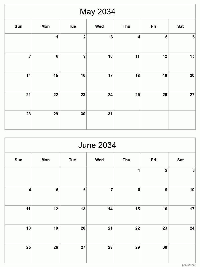 2 month calendar May to June 2034