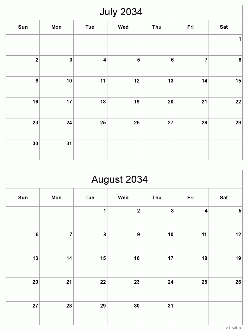 2 month calendar July to August 2034