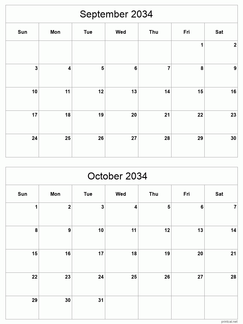 2 month calendar September to October 2034