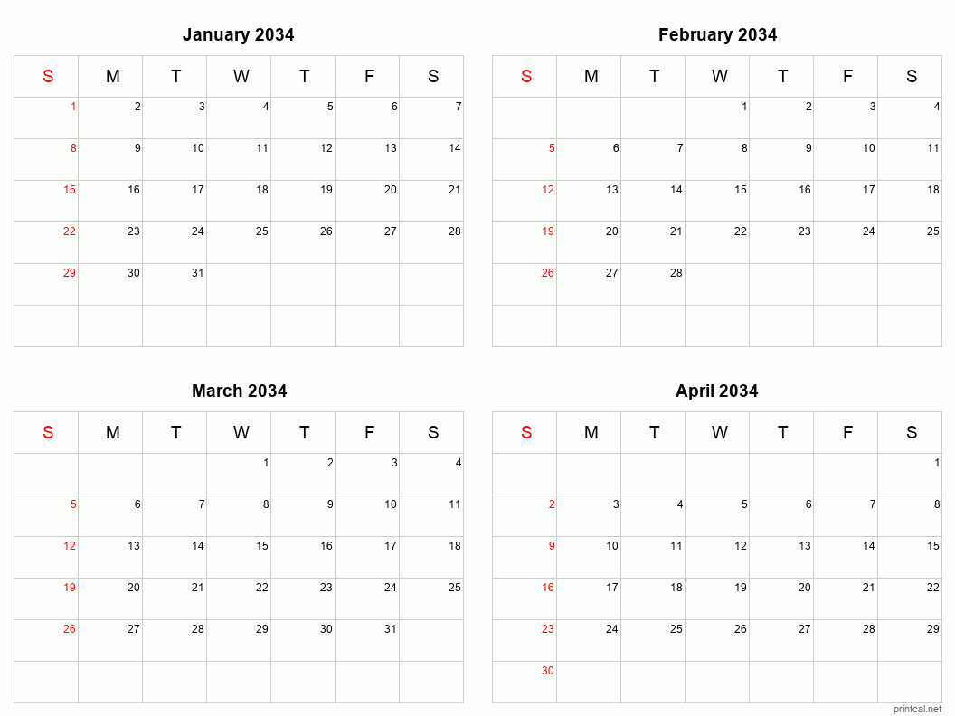 4 month calendar January to April 2034