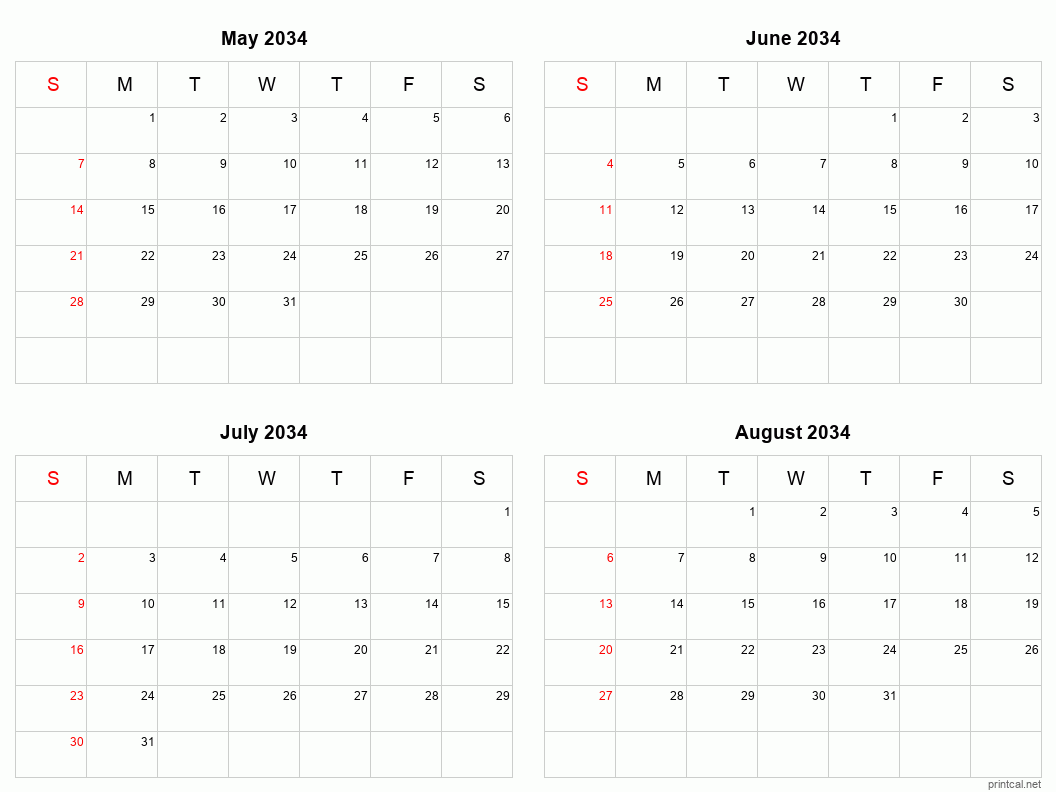 4 month calendar May to August 2034