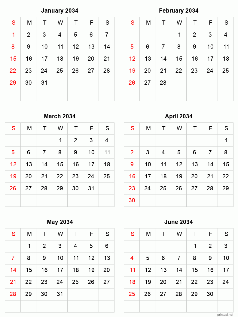6 month calendar January to June 2034
