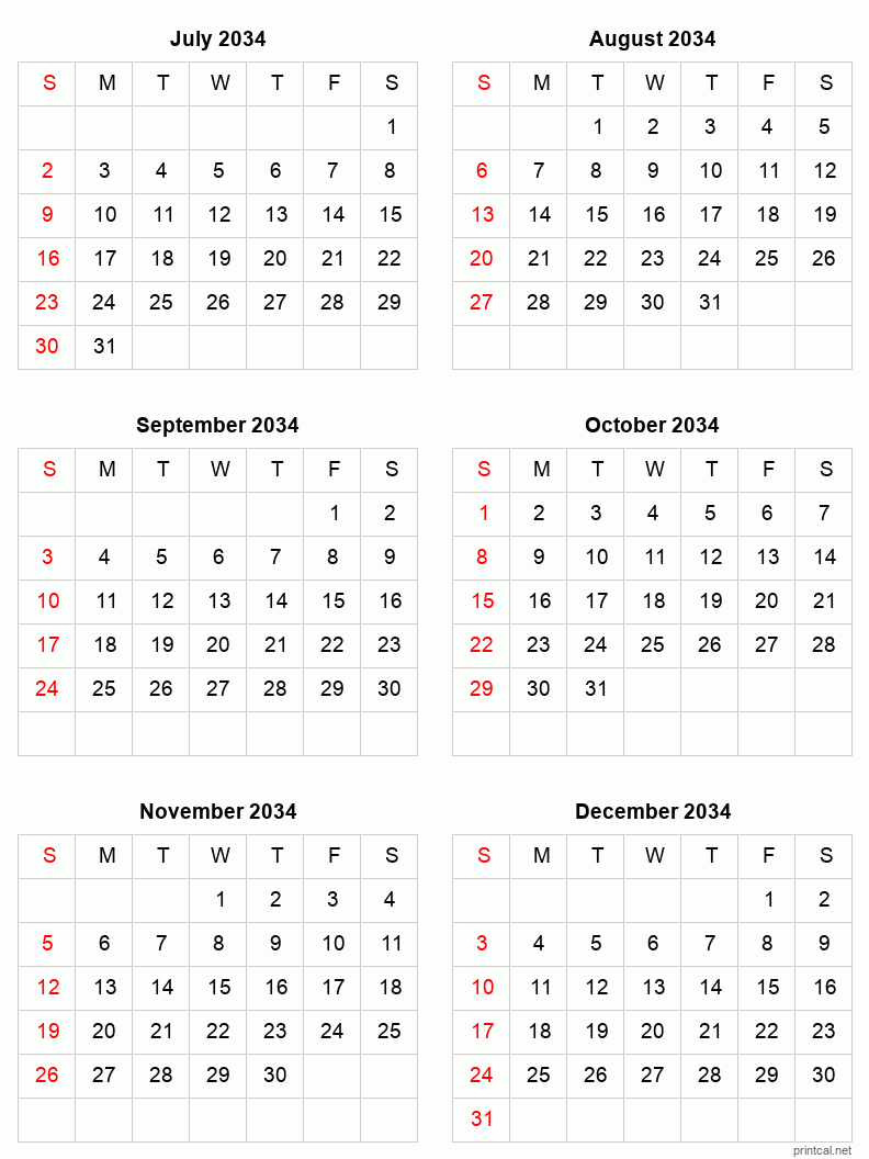 6 month calendar July to December 2034