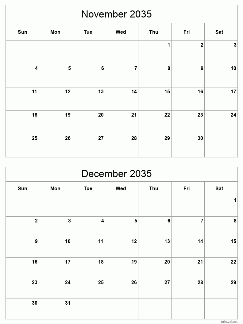 2 month calendar November to December 2035