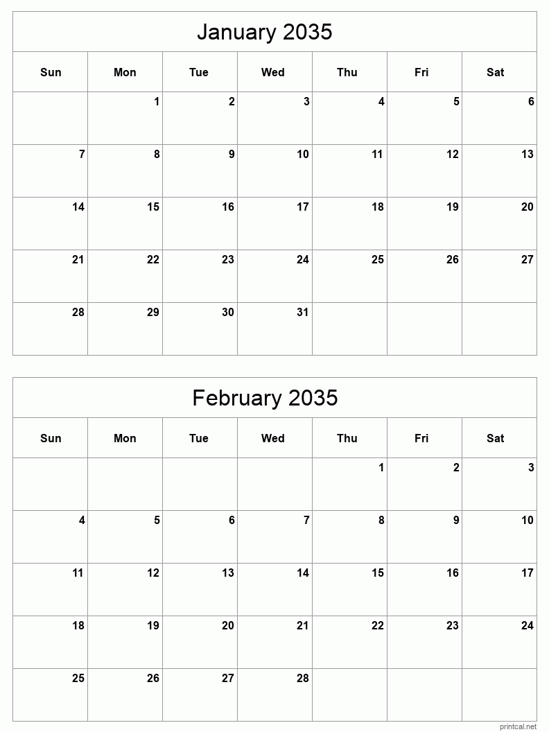 2 month calendar January to February 2035