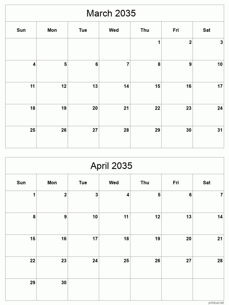 2 month calendar March to April 2035