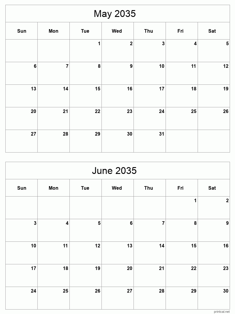 2 month calendar May to June 2035