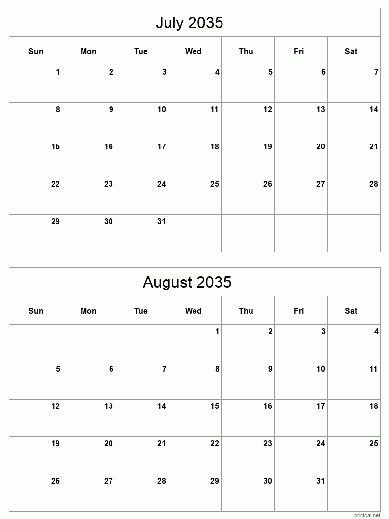 2 month calendar July to August 2035