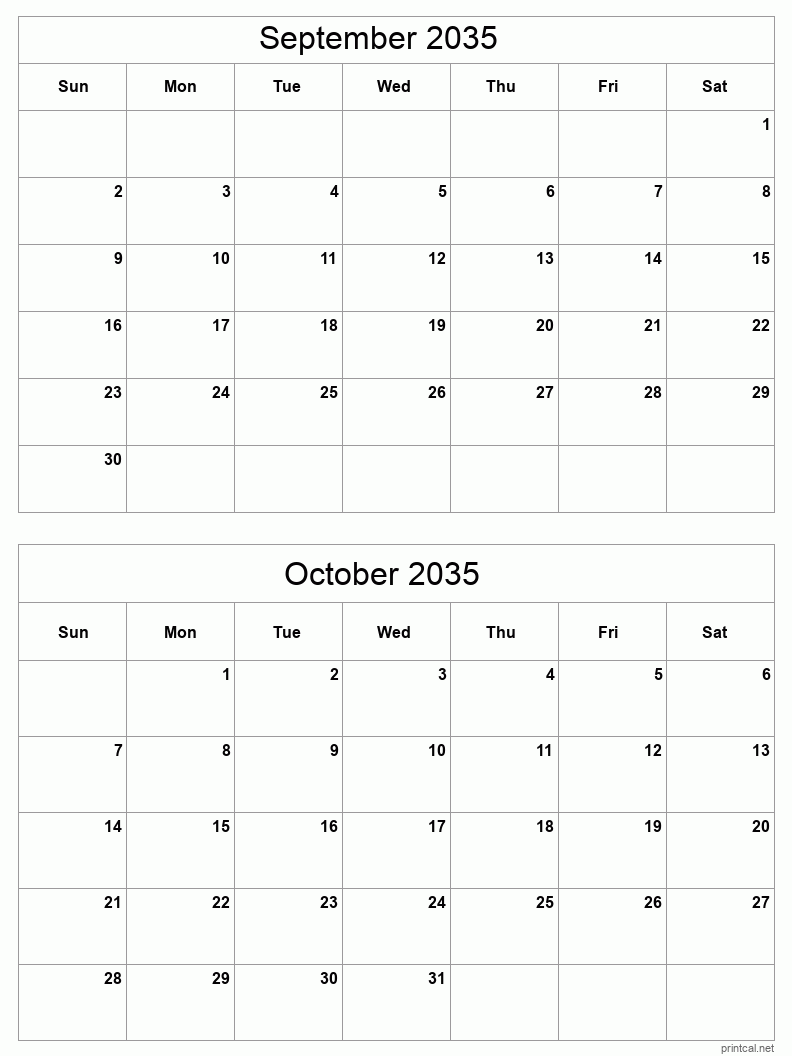 2 month calendar September to October 2035