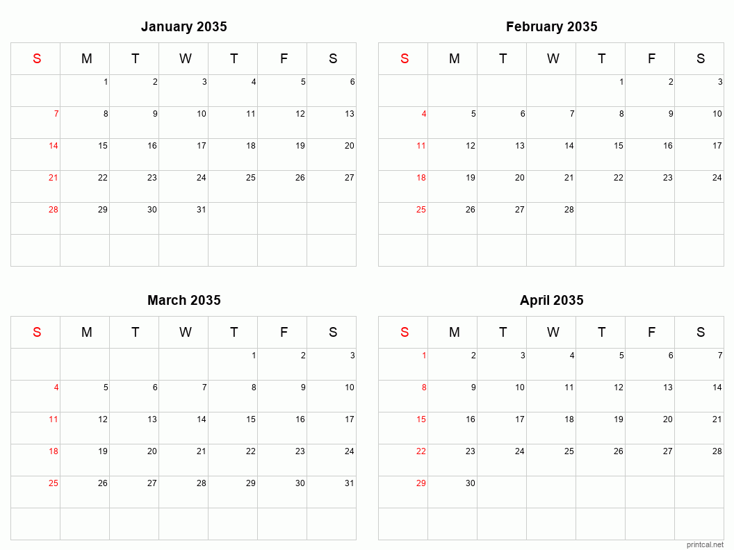4 month calendar January to April 2035