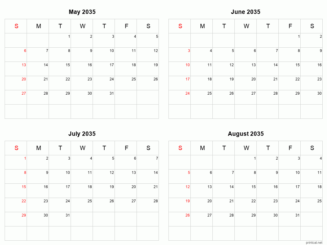 4 month calendar May to August 2035