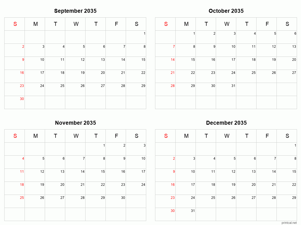 4 month calendar September to December 2035