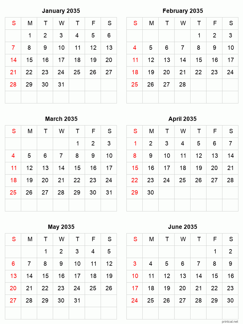 6 month calendar January to June 2035