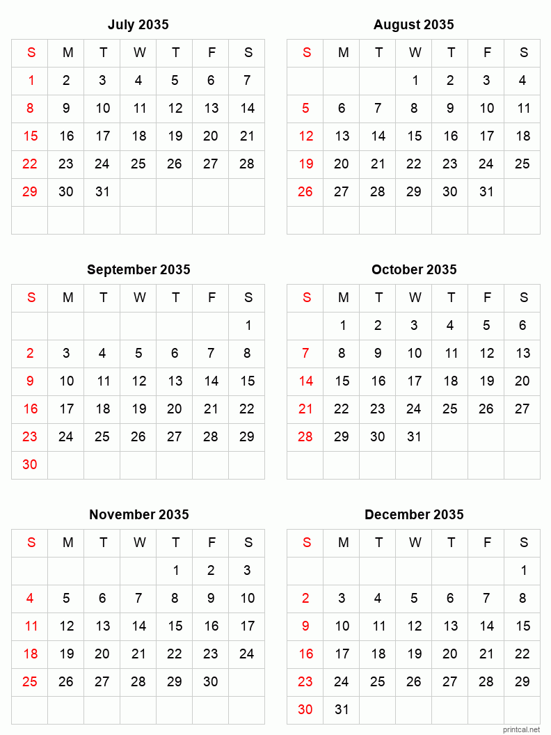 6 month calendar July to December 2035
