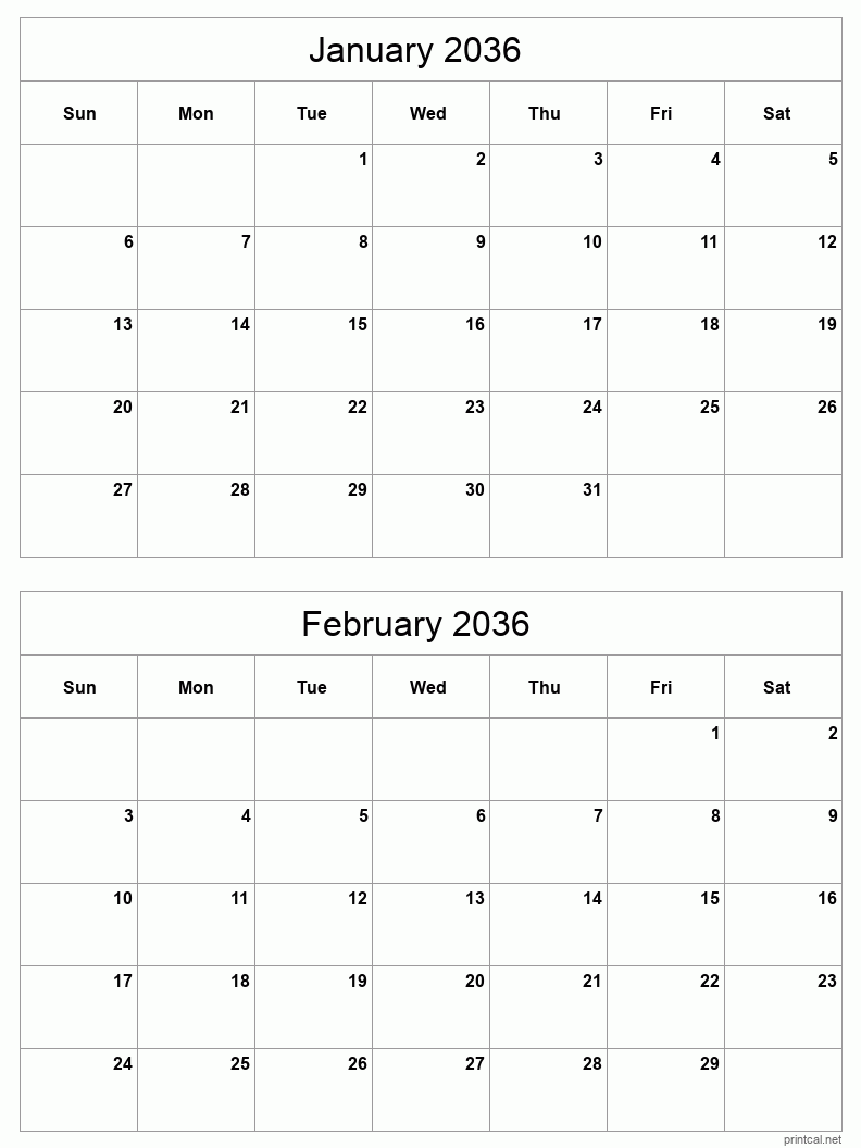 2 month calendar January to February 2036