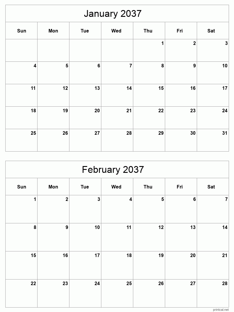 2 month calendar January to February 2037