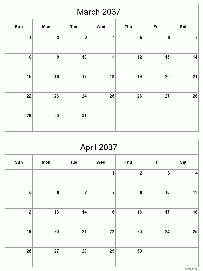 2 month calendar March to April 2037