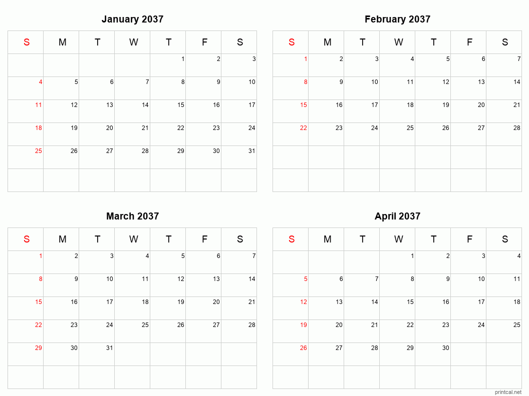 4 month calendar January to April 2037