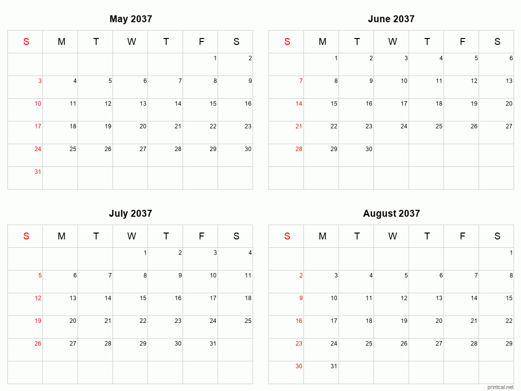 4 month calendar May to August 2037