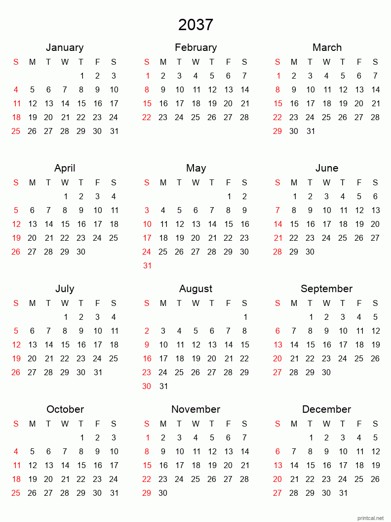 Printable 2037 Yearly Calendar