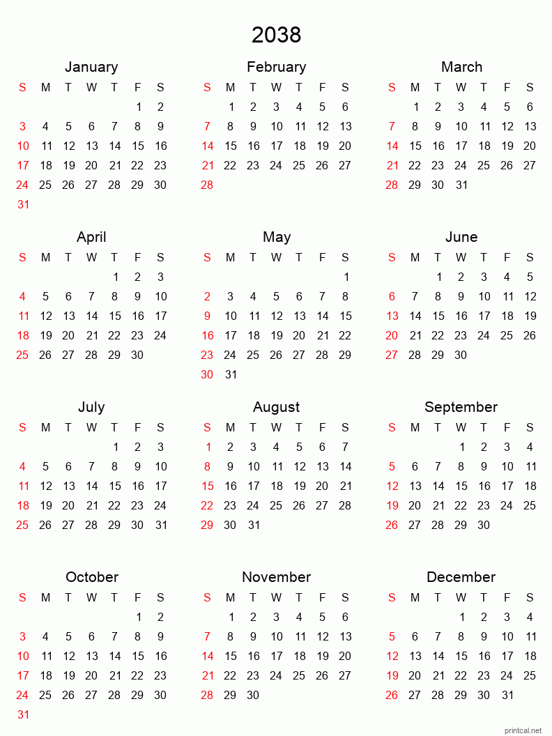 Printable 2038 Yearly Calendar