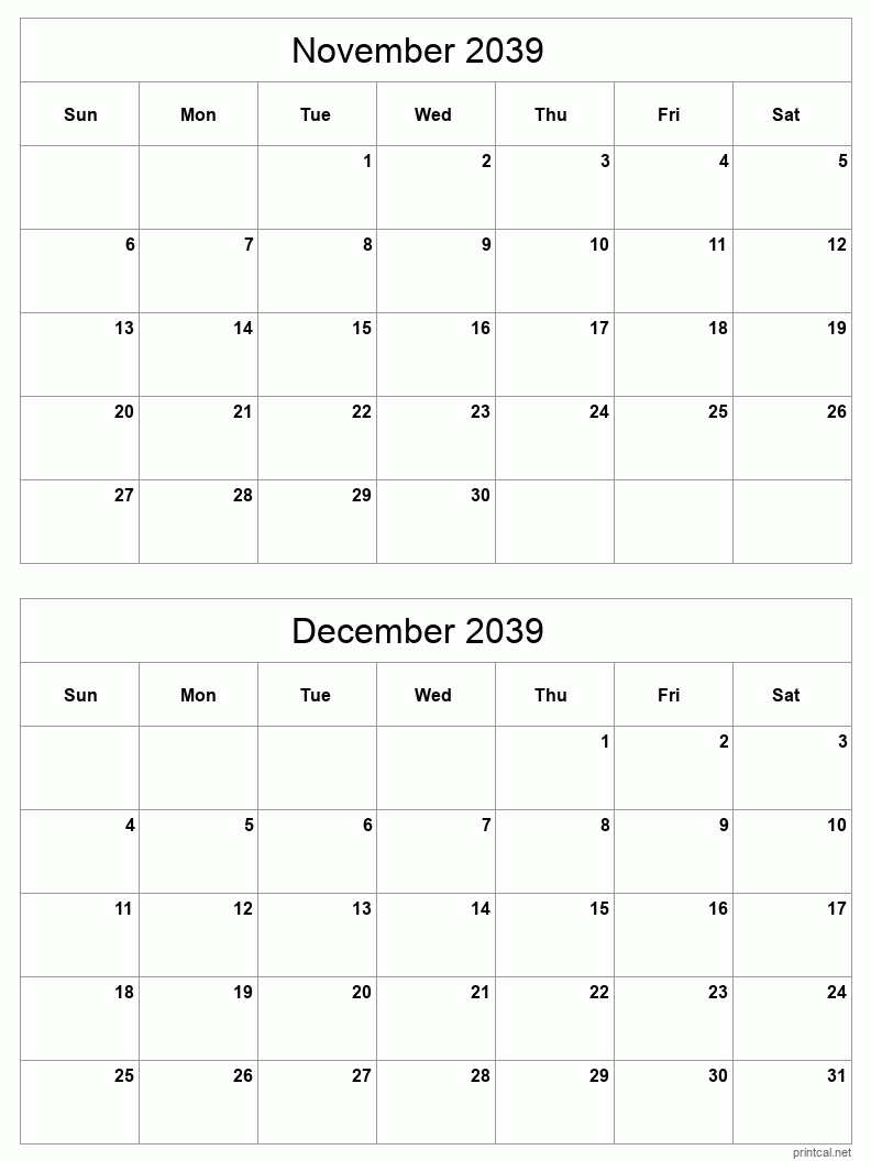 2 month calendar November to December 2039