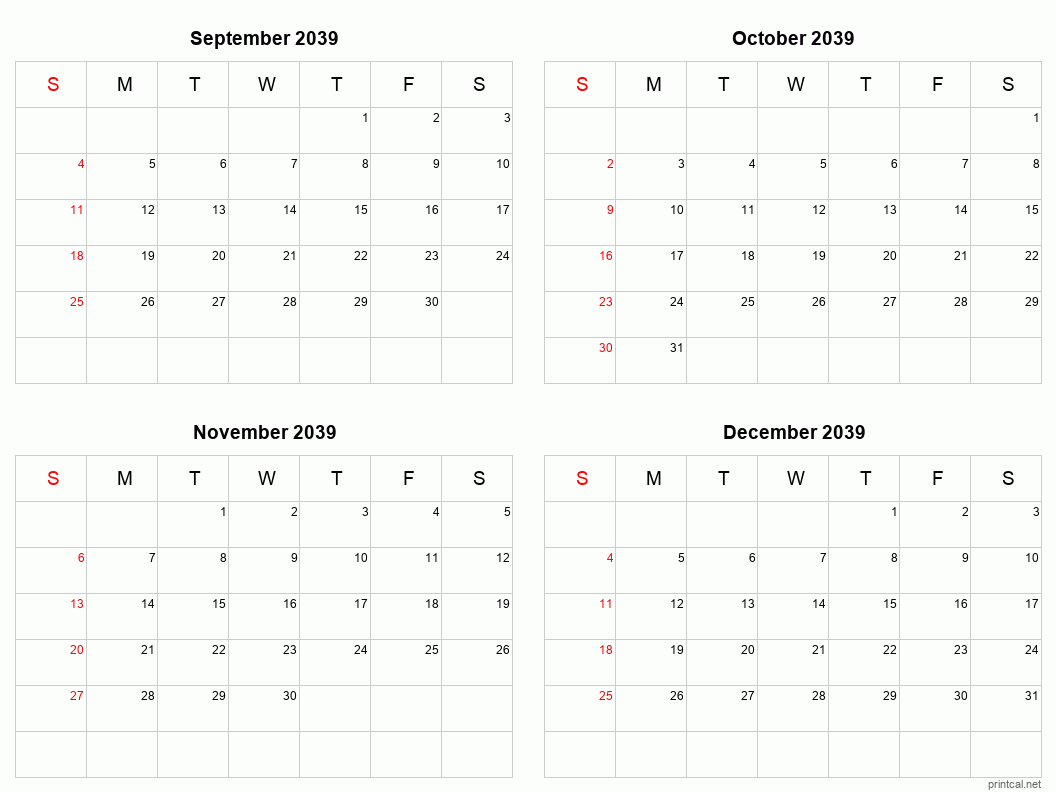 4 month calendar September to December 2039