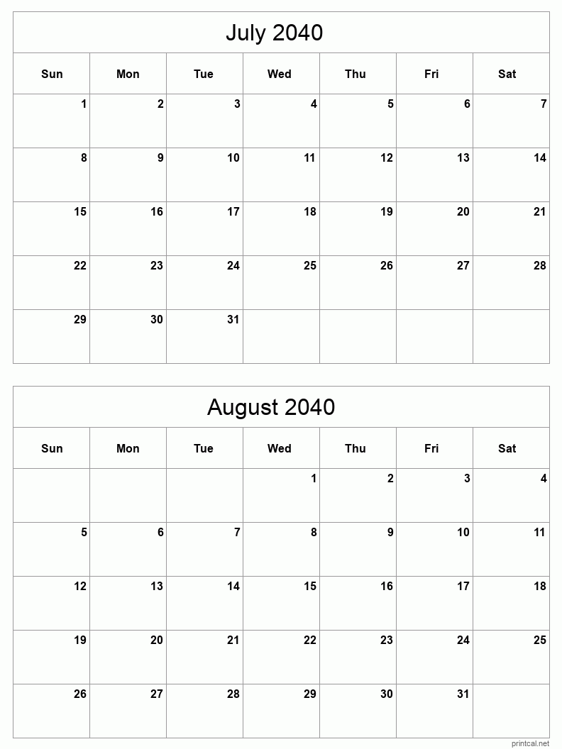 2 month calendar July to August 2040