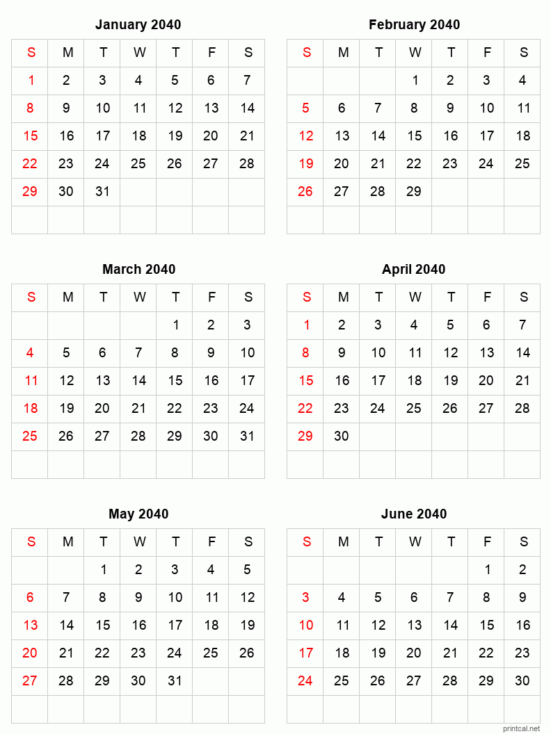 6 month calendar January to June 2040