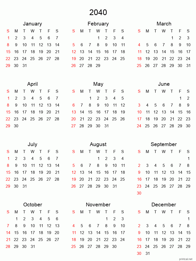 Printable 2040 Yearly Calendar