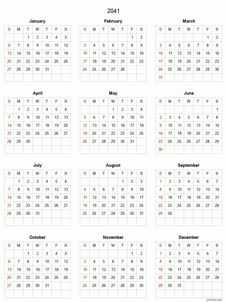 Printable 2041 Full-Year Calendar