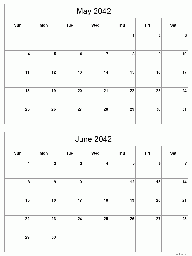 2 month calendar May to June 2042