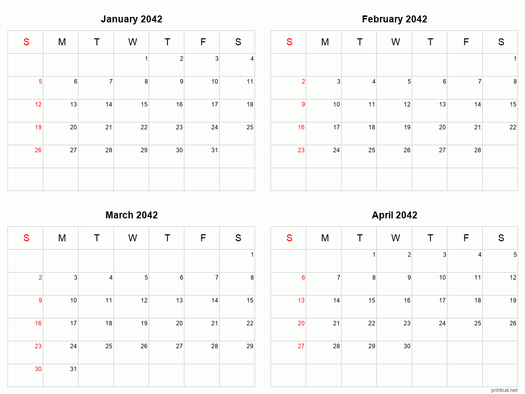 4 month calendar January to April 2042