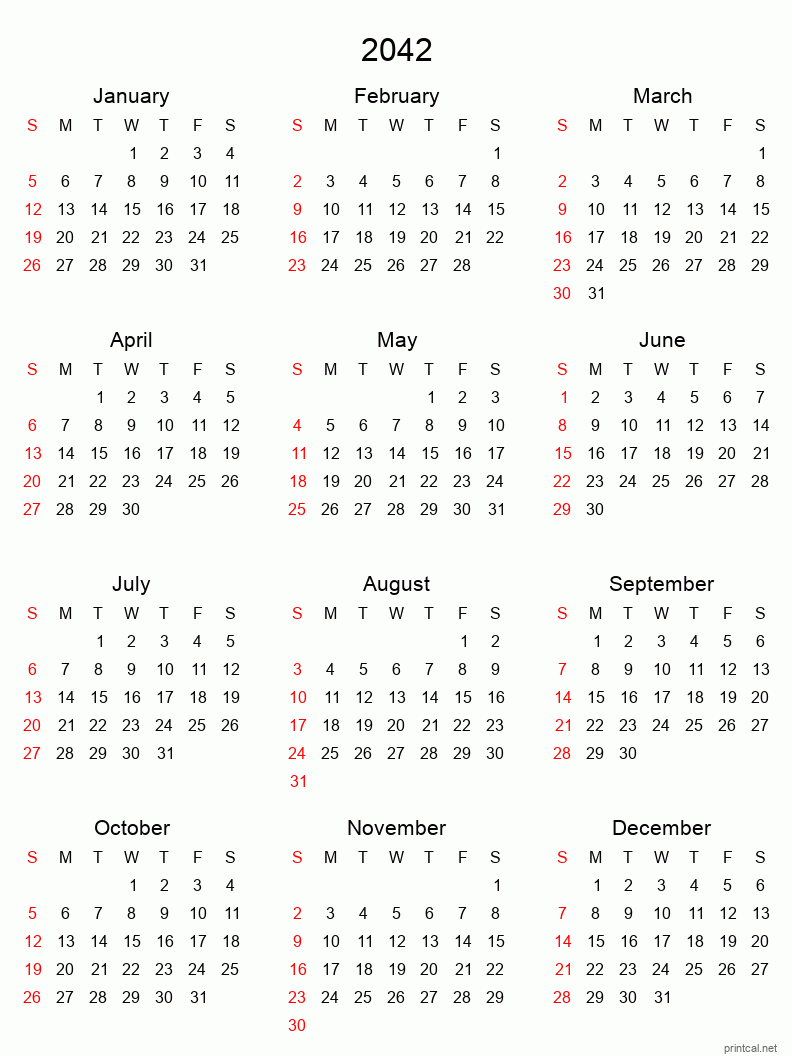 Printable 2042 Yearly Calendar