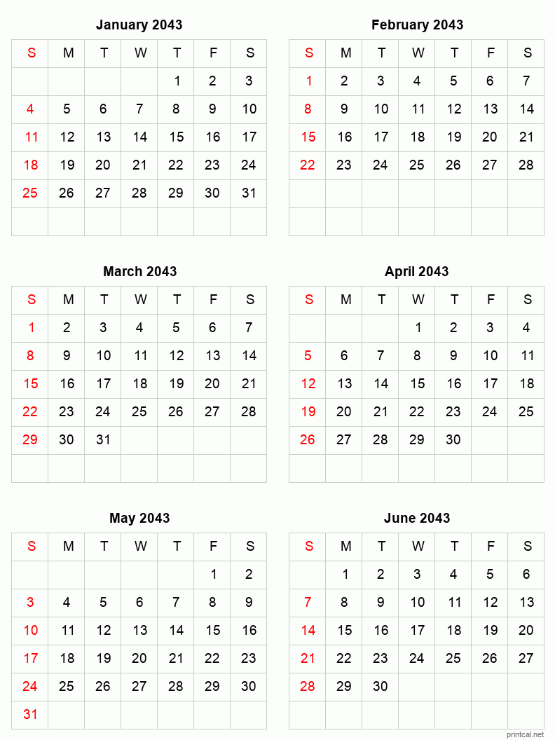 6 month calendar January to June 2043