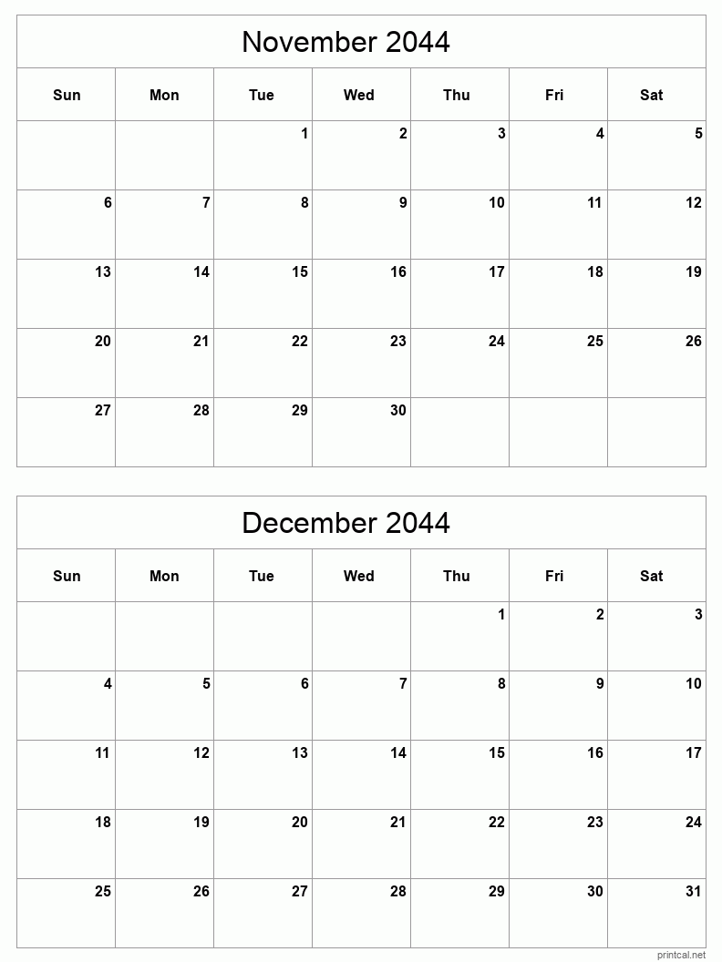 2 month calendar November to December 2044