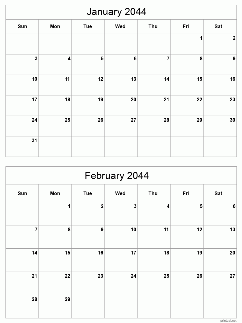 2 month calendar January to February 2044