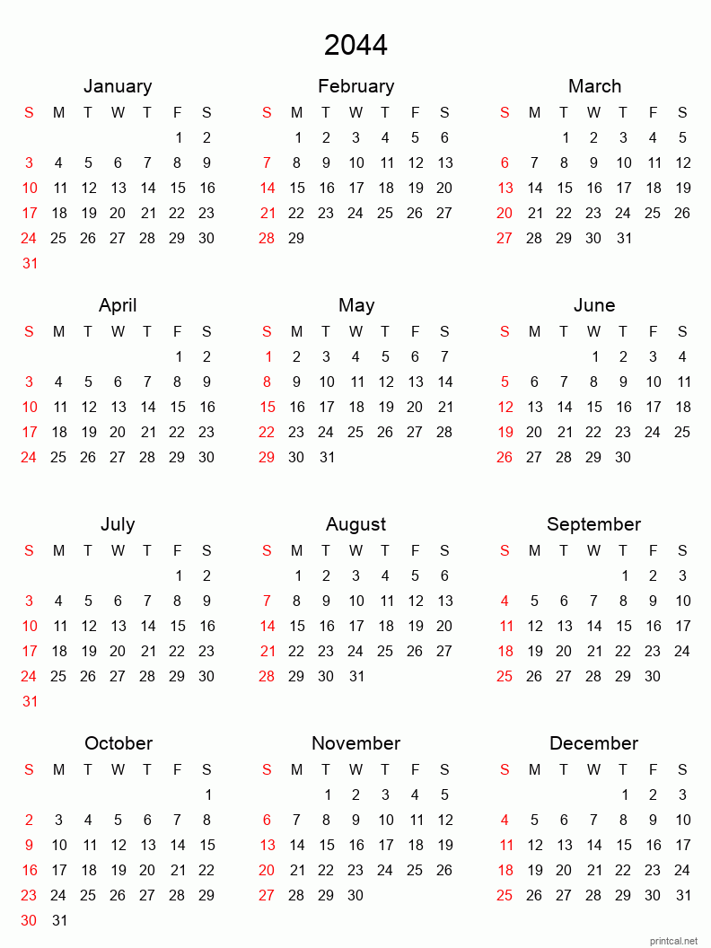 Printable 2044 Yearly Calendar