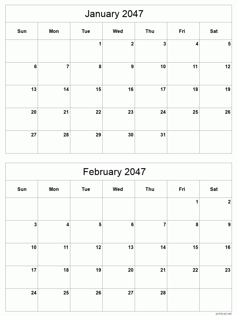 2 month calendar January to February 2047