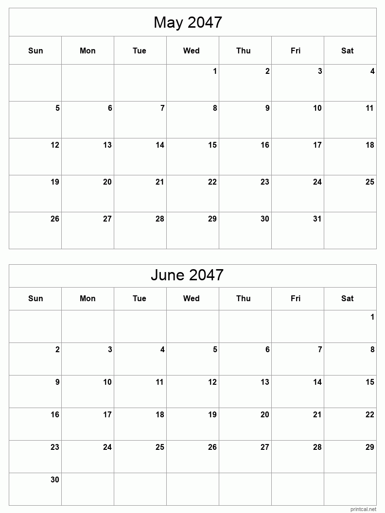 2 month calendar May to June 2047