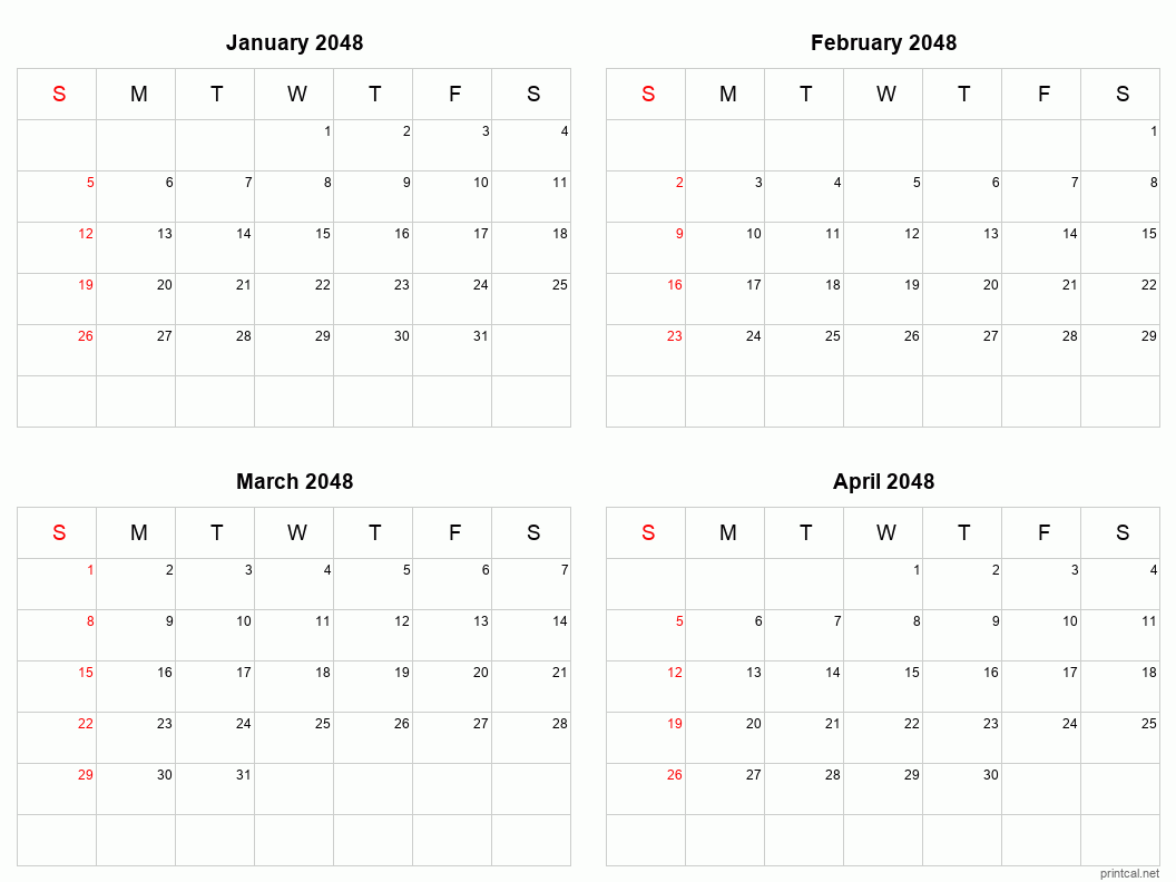 4 month calendar January to April 2048