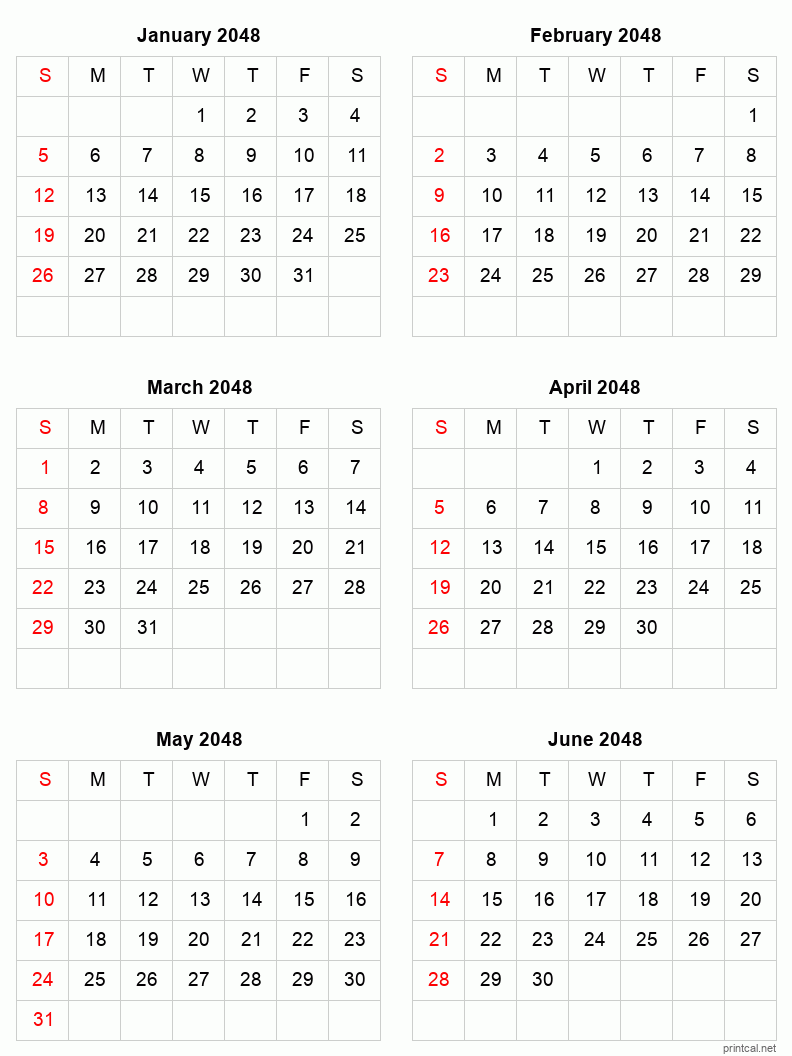 6 month calendar January to June 2048